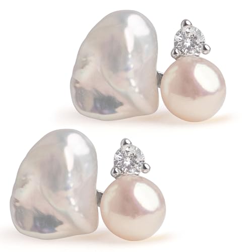 Highsmith Ohrringe aus 5–6 mm weißen Keshi-Zuchtperlen, 4–4,5 mm, knopfförmige Perlen und weißen Zirkonia, Secret & You | 925er-Sterlingsilber, rhodiniert von Secret & You