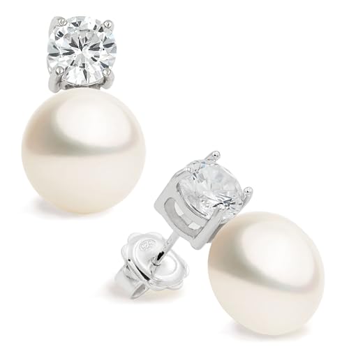 Damen Perle Ohrstecker, Süßwasser Zuchtperlen Button Form 11-12 mm mit einem großen Zirkonia Stone Secret & You - Hochwertige Sterling Silber 925 Halterungen mit großen Muttern. von Secret & You