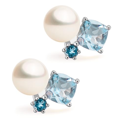 Plath Ohrringe aus 4,5–5 mm weißen Süßwasser-Zuchtperlen und natürlichen blauen Topasen | Secret & You | 925er Sterlingsilber, rhodiniert von Secret & You