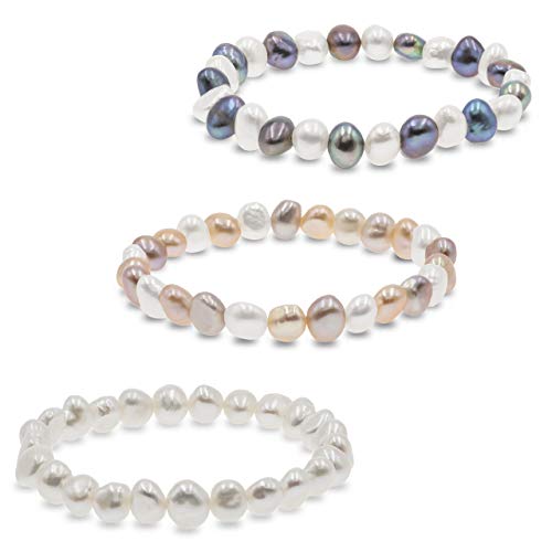 Secret & You Perlenarmband mit weißen oder bunten barocken Süßwasserzuchtperlen - Perlen sind 8-9 mm 22 Perlen insgesamt -18cm Elastisches Band - In verschiedenen Farben erhältlich von Secret & You