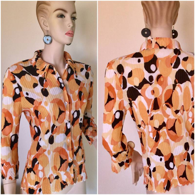 Orange Abstrakt Knopfkragen Hemd Geometrisch Faltig 70Er Jahre Bluse Retro Büro Halloween Thanksgiving 3/4 Ärmel Lässig Formelles 90Er Top von SecretBelladonna