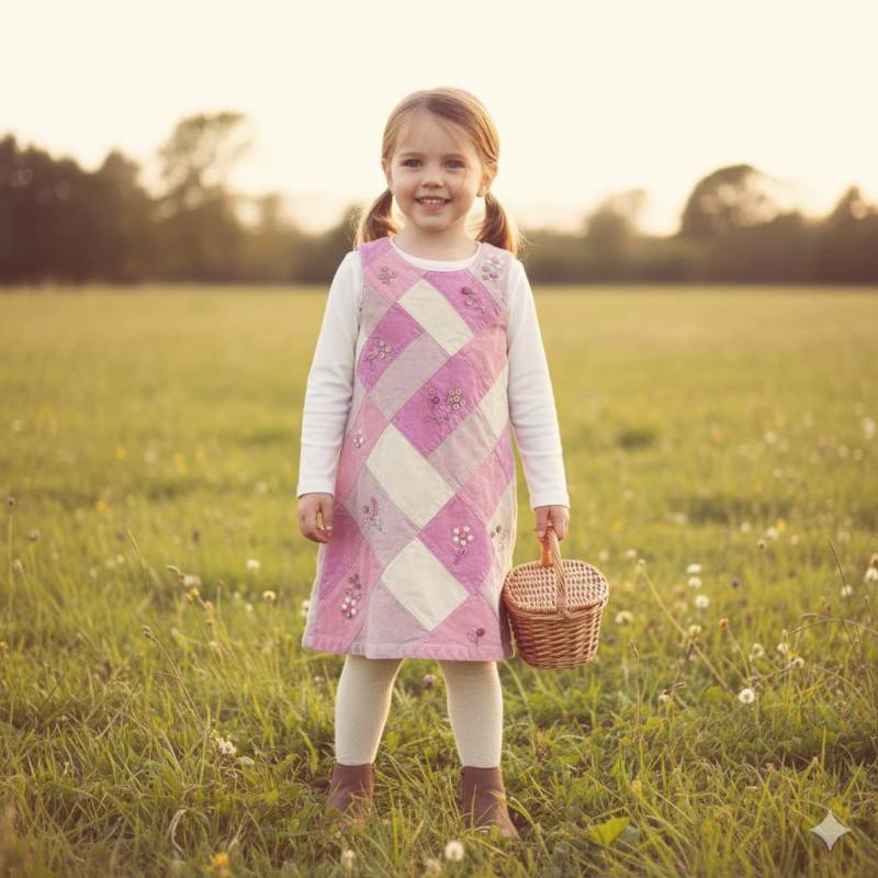 Pastell Rosa Cord Kleid Patchwork Girl 7 Retro Baumwolle Ärmellos 90Er Jahre 1970S Style Pailletten Blume Bestickte Knöpfe Herbst Frühling Ostern von SecretBelladonna