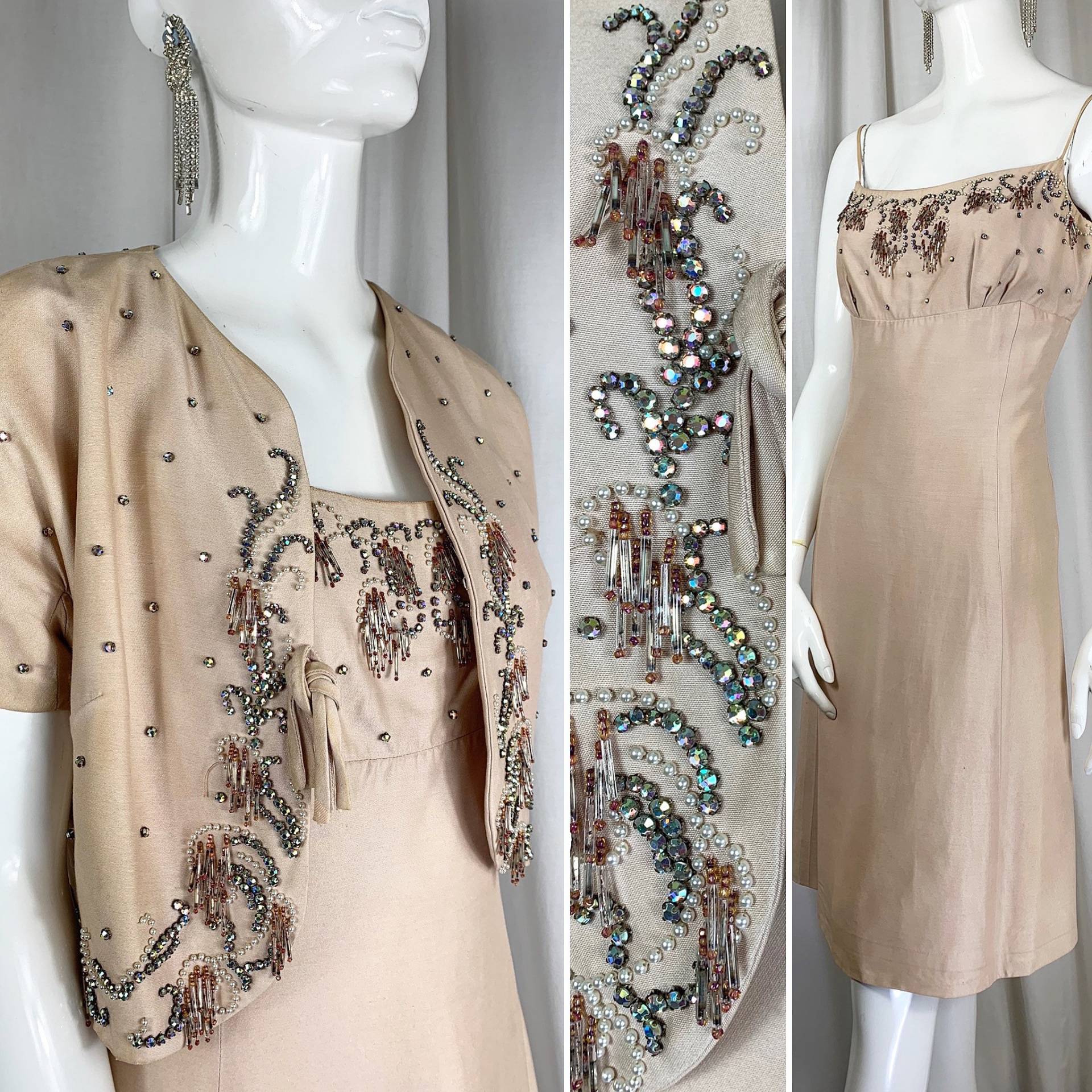 Ende 1950/Anfang 1960Er Jahre Seide Dupion Blasser Sand/Pfirsich Perlen Anzug .. Kleid & Jacke Label Jean Allen /London Uk 10 ..true Vintage 50S von SecretSirenVintage