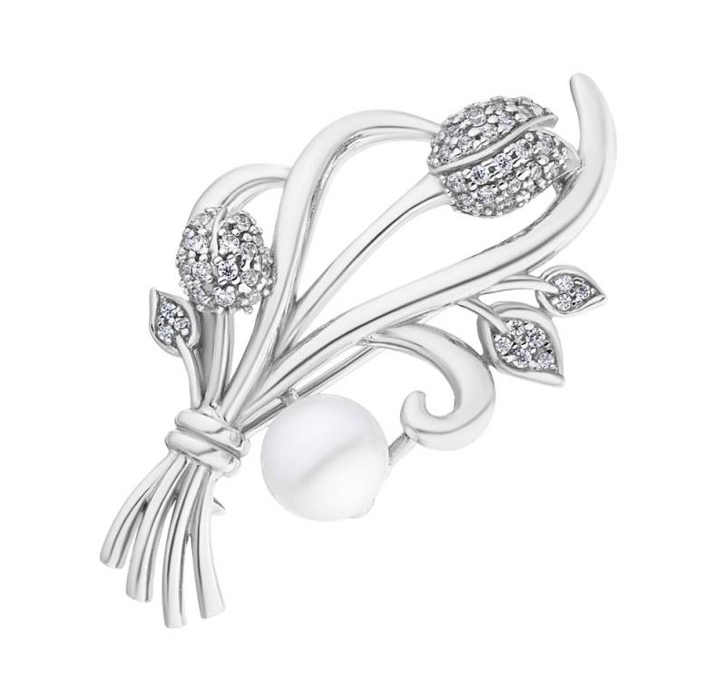 Secretforyou Brosche Brosche Anstecknadel 925 Silber Zirkonia Perle Echtschmuck, 925 Silber von Secretforyou