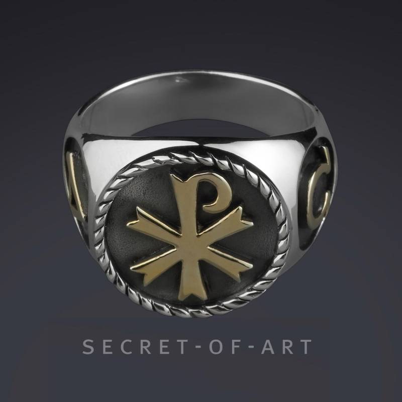 Chi Rho Ring Chi-Rho Siegelring Ro Jesus Alpha Omega Bishof Preister Pfarrer Silber 925 Mit 750 Gelbgold Vergoldung von SecretofArt