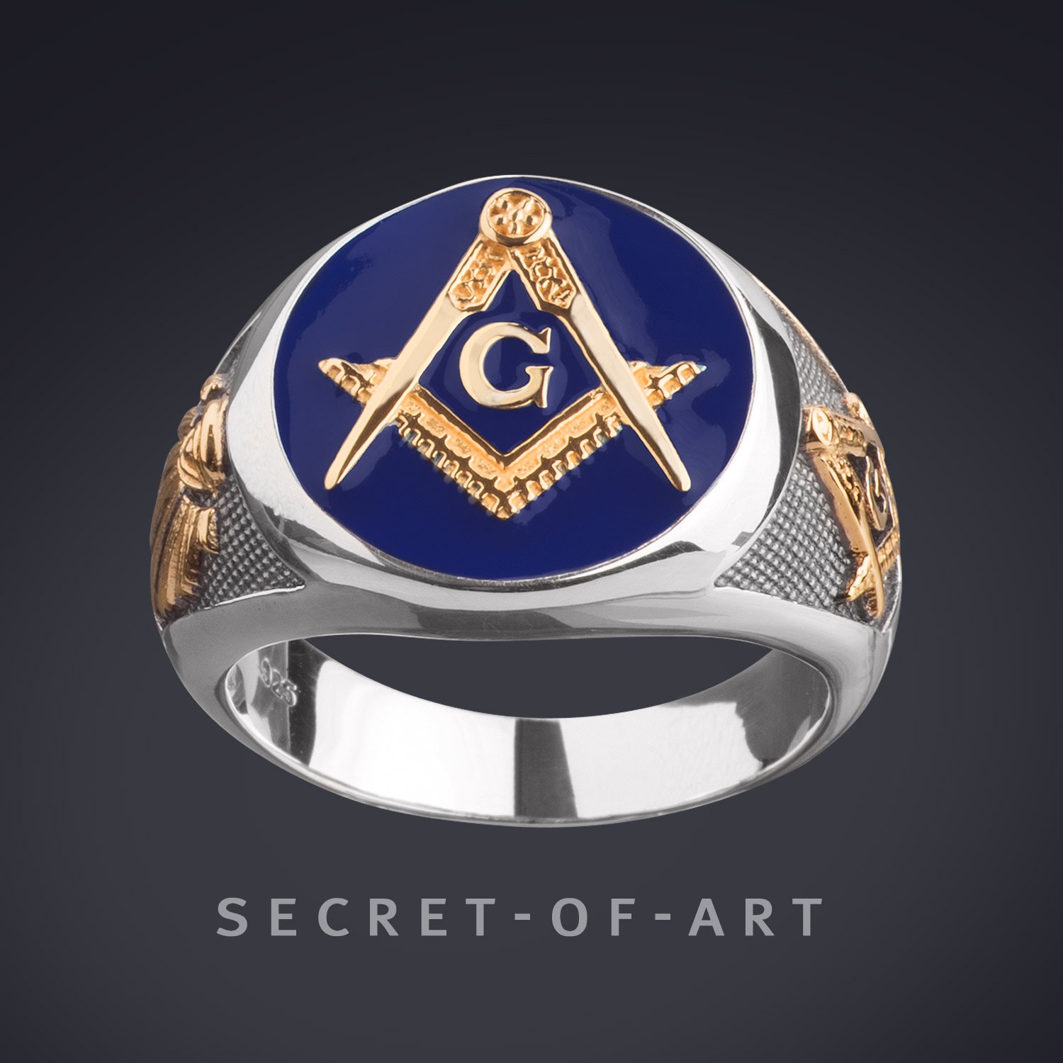 Freimaurer Ring Blue Lodge Sieglering Master Mason Masonic 925 Silber Ring, Gelbgold-Plattierung, Blau Emailliert, Alles Sehendes Auge von SecretofArt