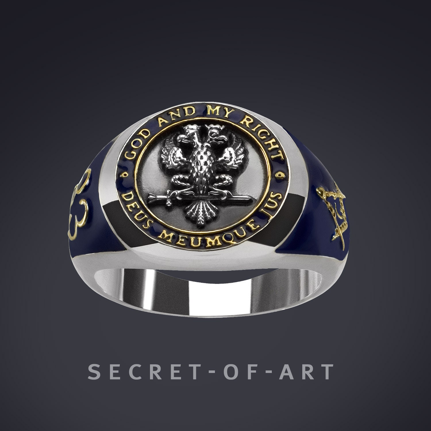 Freimaurer Ring Deus Meumque Jus Schmuck Geschenk 33 Doppeladler Adler 925 Silber Mit Gelbgold-Plattierung Master Mason Siegelring von SecretofArt