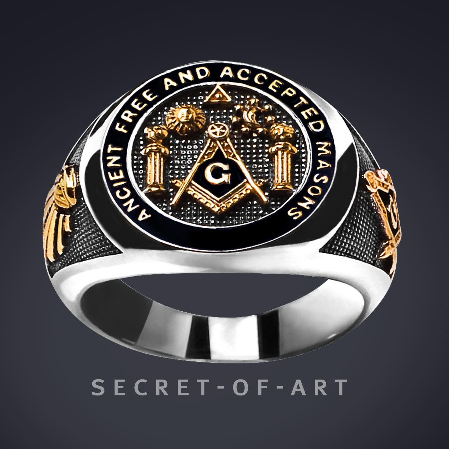 Freimaurer Ring Masonic A.f.a.m. Ancient Free & Accepted Masons Silber 925 Mit Geldgolb-Plattierung, Master Mason, Schwarz Emailliert von SecretofArt