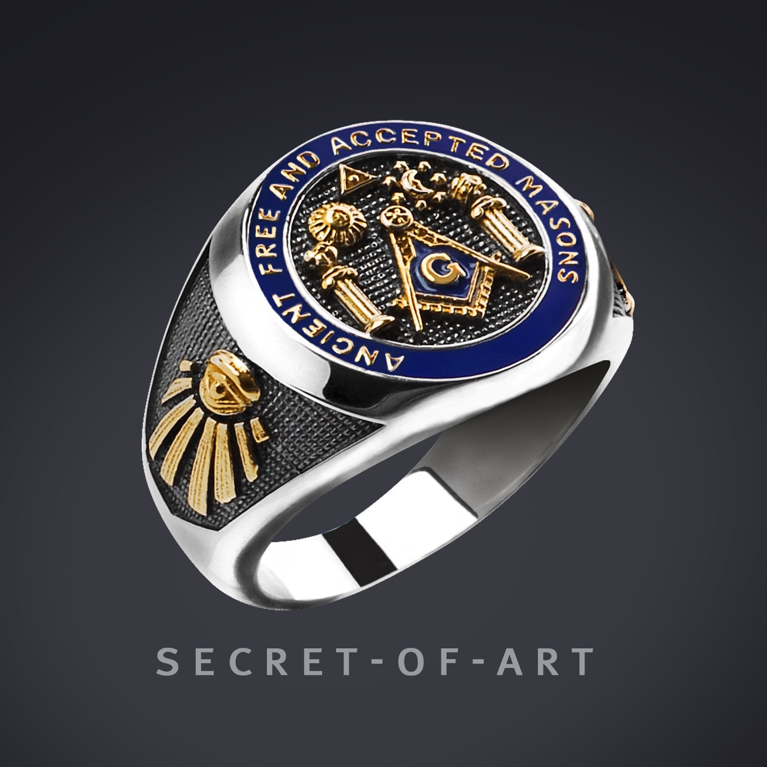 Freimaurer Ring Masonic A.f.a.m. Ancient Free & Accepted Masons Silber 925 Sterling Mit Geldgolb-Plattierung, Sonne Mond Master Mason von SecretofArt