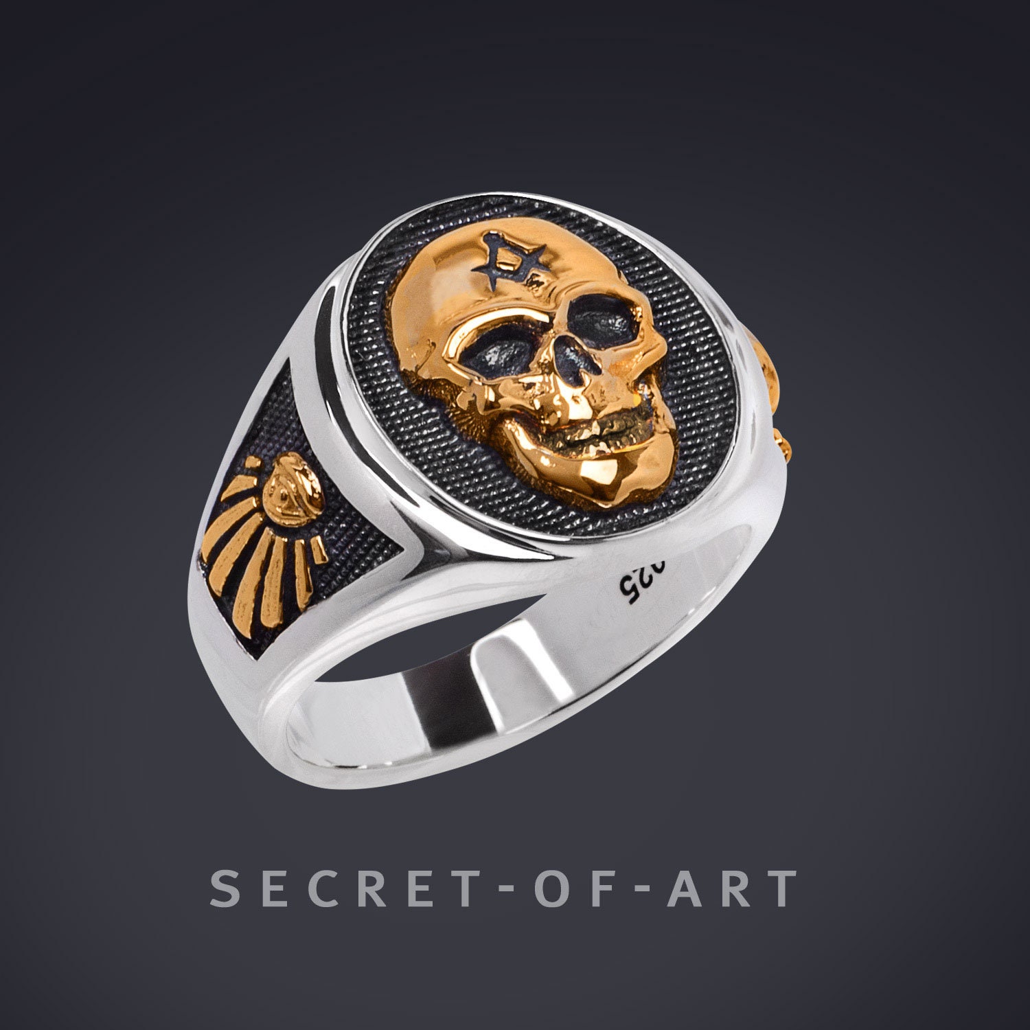 Freimaurer Ring Masonic Big Skull Totenkopf Silber 925 Mit Gelbgold-Plattierung Memento Mori Master Mason Schmuck Biker von SecretofArt