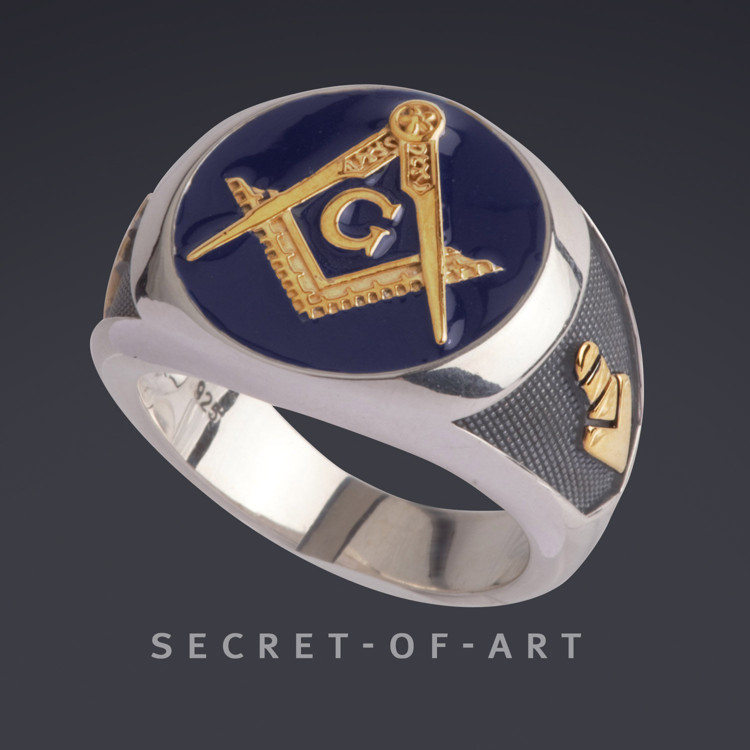 Freimaurer Ring Masonic Blue Lodge Siegelring Silber 925 Master Mason Gelbgold-Plattierung, Blau Emailliert, Lot Kelle von SecretofArt