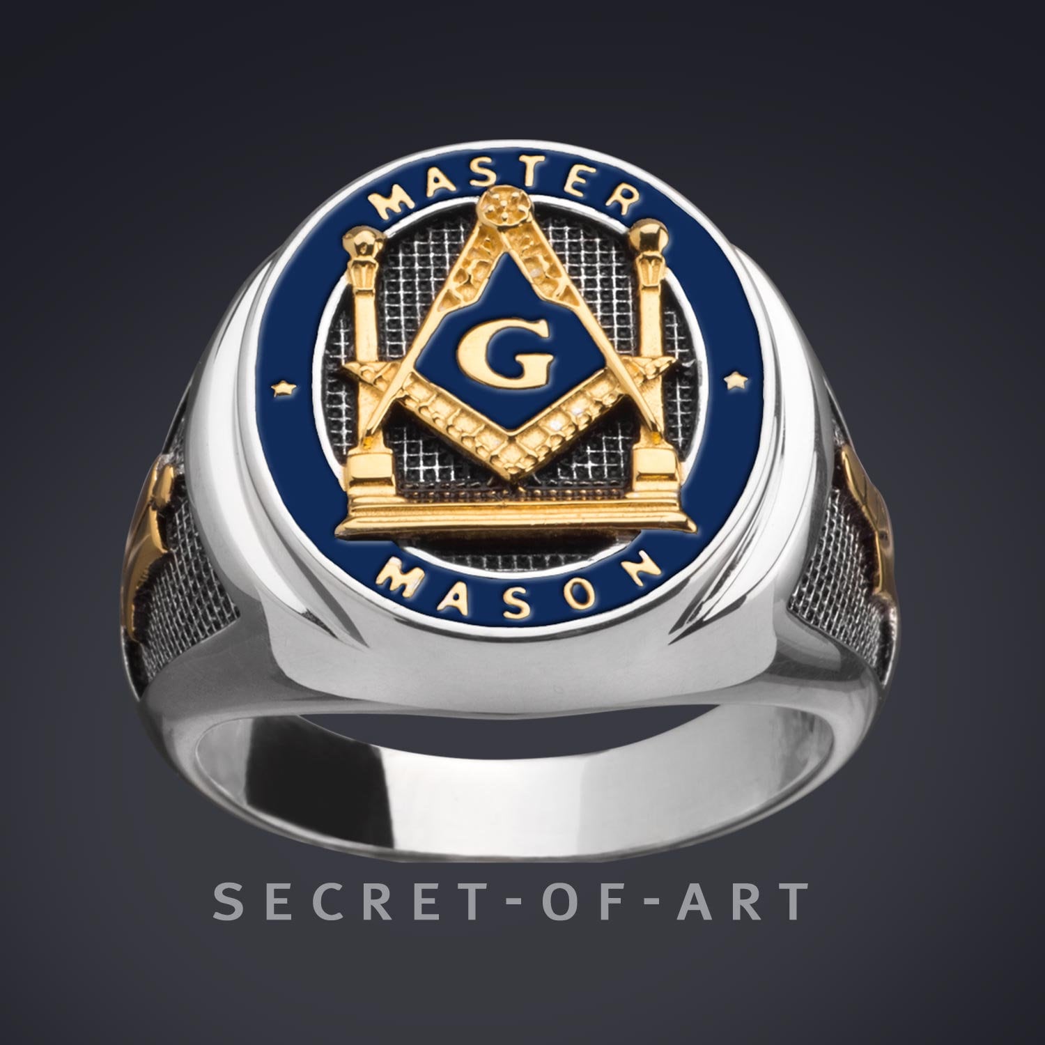 Freimaurer Ring Masonic Master Mason Siegelring Pillars Biker Blue Lodge Silber Sterling 925 Mit Gelbgold-Plattierung, Blau Emailliert von SecretofArt