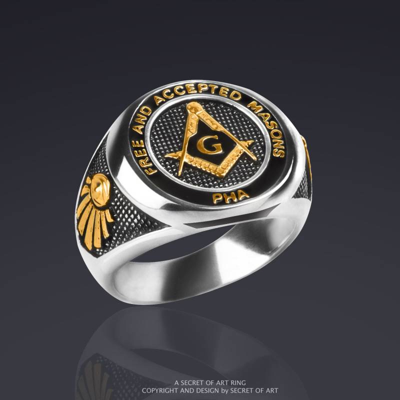 Freimaurer Ring Masonic Pha Prince Hall Silber 925 Stelring G Winkel Alles Sehendes Auge 750 Gelbgold-Vergoldung von SecretofArt