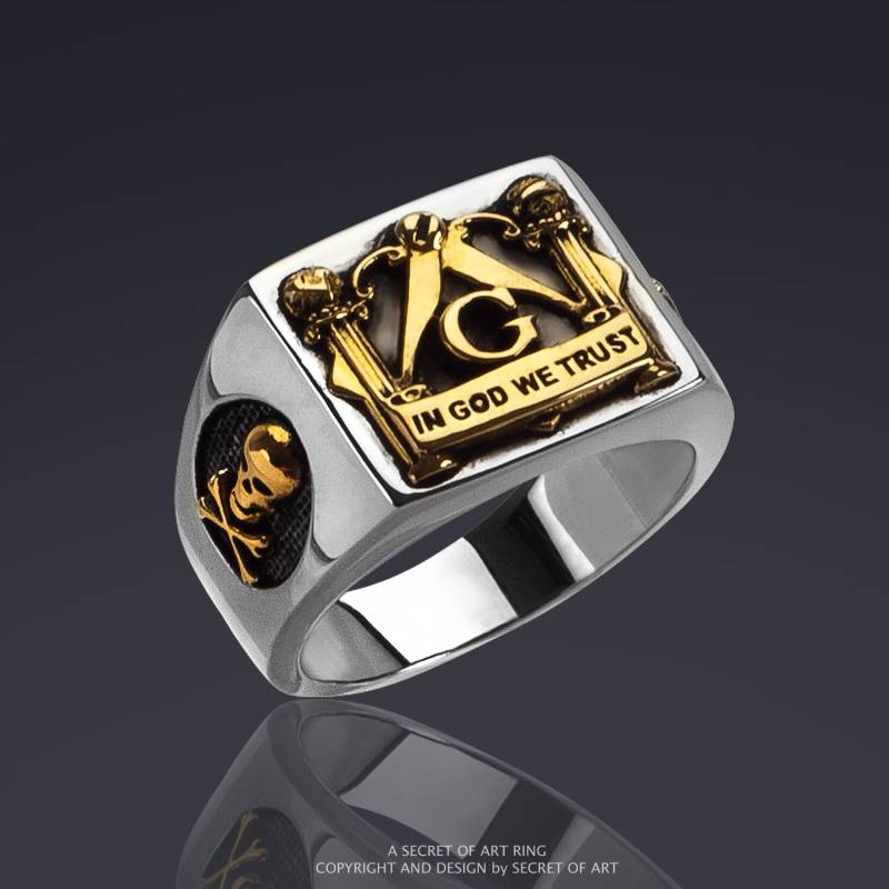 Freimaurer Ring Masonic Siegelring Schmuck Master Mason Geschenk Totenkopf Freemason in God We Trust 925 Silber 750 Gelbgold-Vergoldung von SecretofArt