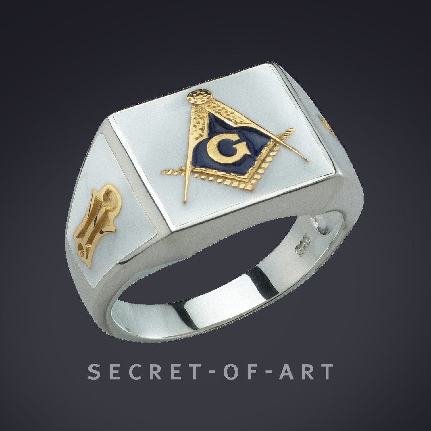 Freimaurer Ring Schmuck Blue Lodge Masonic Master Mason 925 Geschenk Siegelring Silber Gelbgold-Plattierung, Weiß Emailliert von SecretofArt