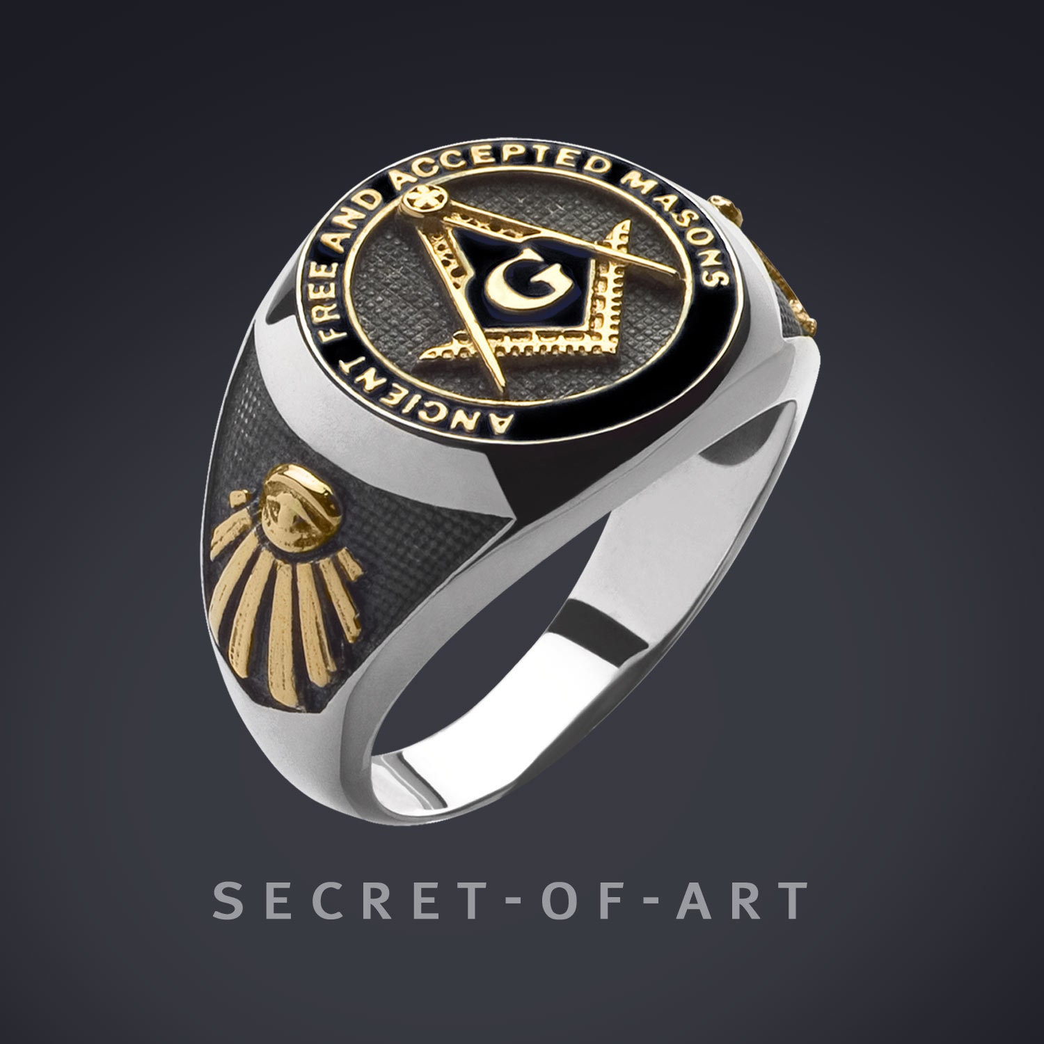 Freimaurer Ring Siegelring A.f.a.m. Af & Am Ancient Free & Accepted Masons Masonic Silber 925 Sterling Gelbgold-Plattierung Black Enamel von SecretofArt