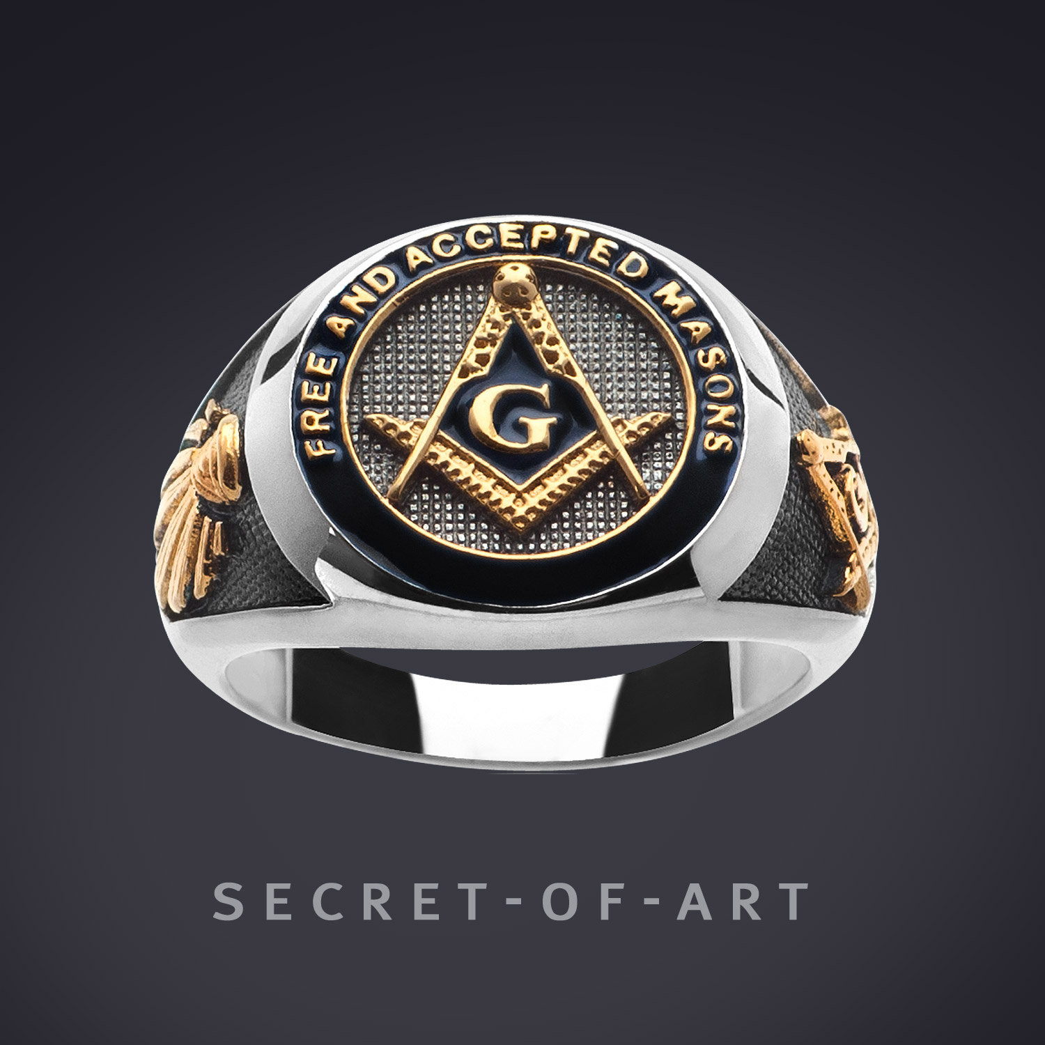 Freimaurer Ring Siegelring F & Am Masonic Schmuck Geschenk Silber 925 Gelbgold-Plattierung Free & Accepted Masons, Schwarz Emailliert von SecretofArt