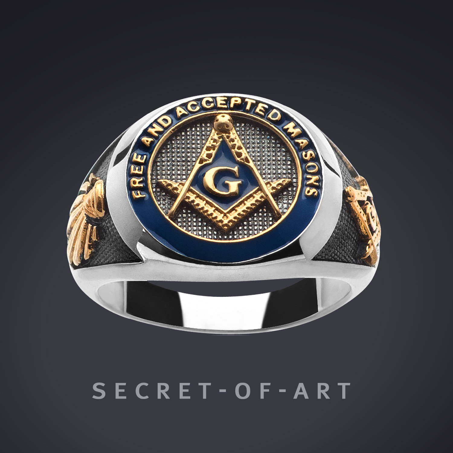 Freimaurer Ring Siegelring F.& A.m. Master Mason Schmuck Masonic Silber 925 Blue Enamel, Gelbgold-Plattierung, Free & Accepted Masons von SecretofArt