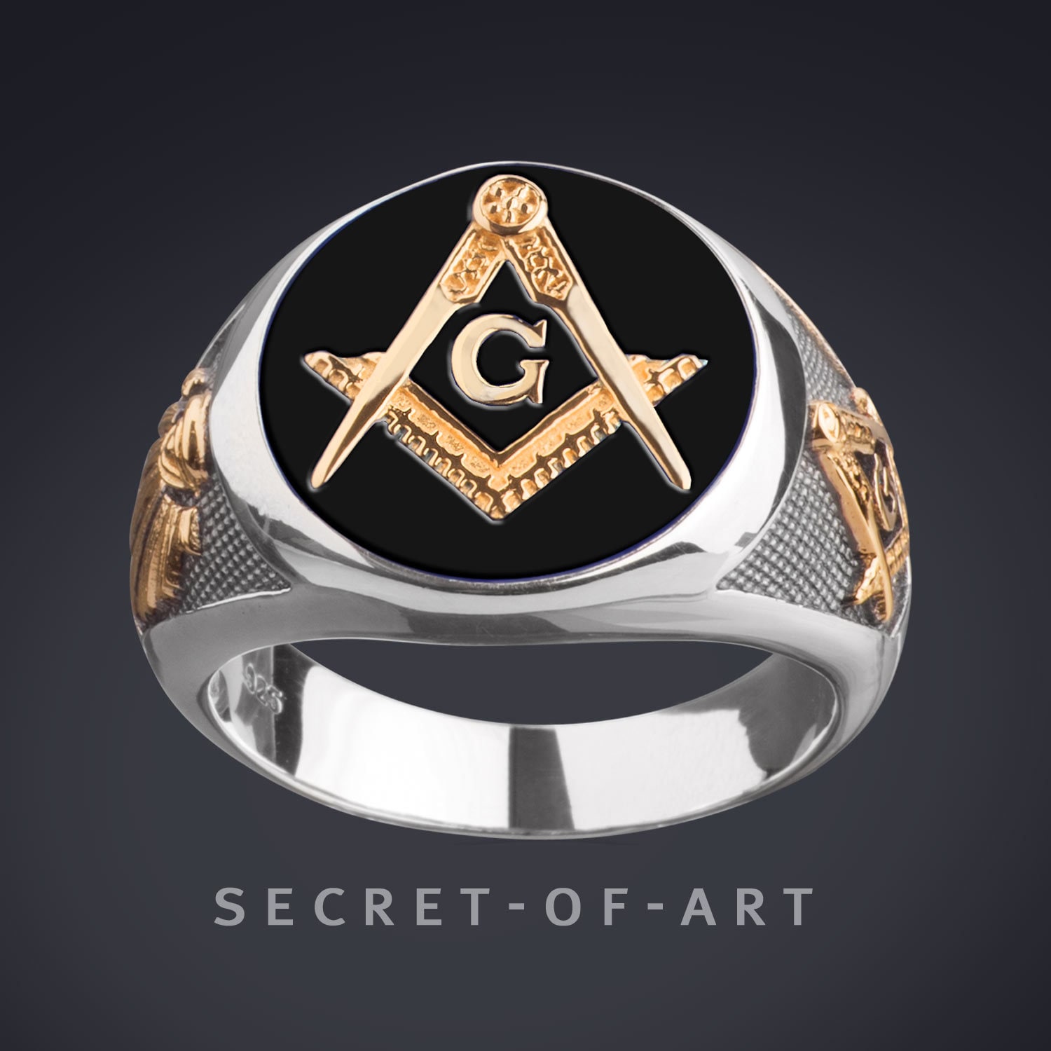 Freimaurer Ring Siegelring Master Mason Masonic 925 Silber Ring, Gelbgold-Plattiert, Schwarz Emailliert, Alles Sehendes Auge, Loge von SecretofArt