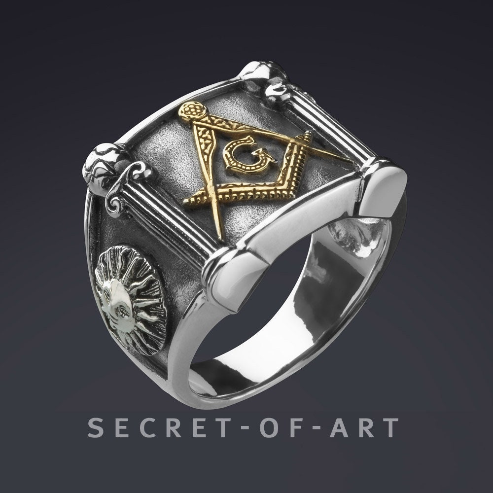 Freimaurer Ring Siegelring Master Mason Masonic G & Pillars Schmuck Sterling Silber 925 Mit Gelbgold-Platterierung, Sonne Mond von SecretofArt