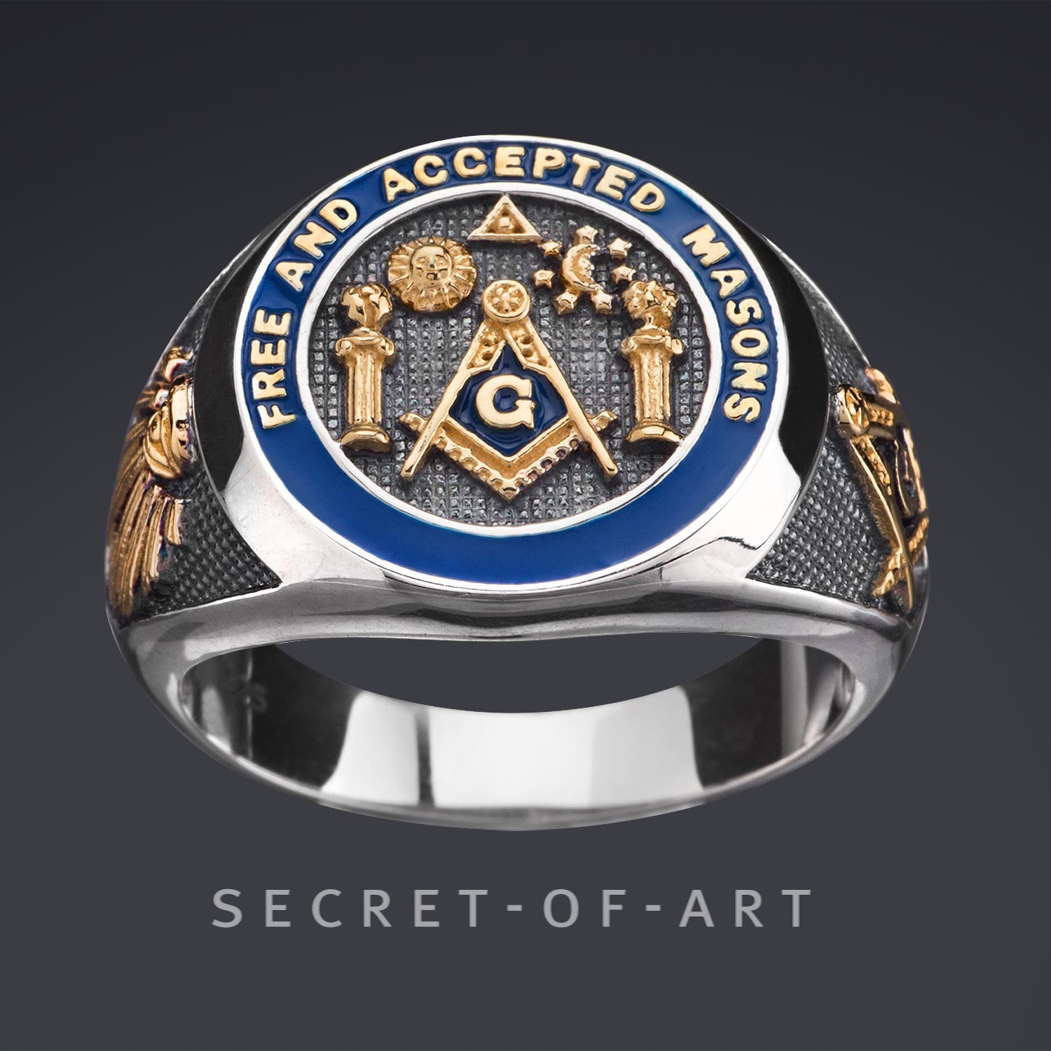 Freimaurer Ring Silber 925 Masonic F.& A.m. Siegelring Schmuck Gelbgold-Plattierung Free & Accepted Masons Sonne, Master Mason Blue Lodge von SecretofArt