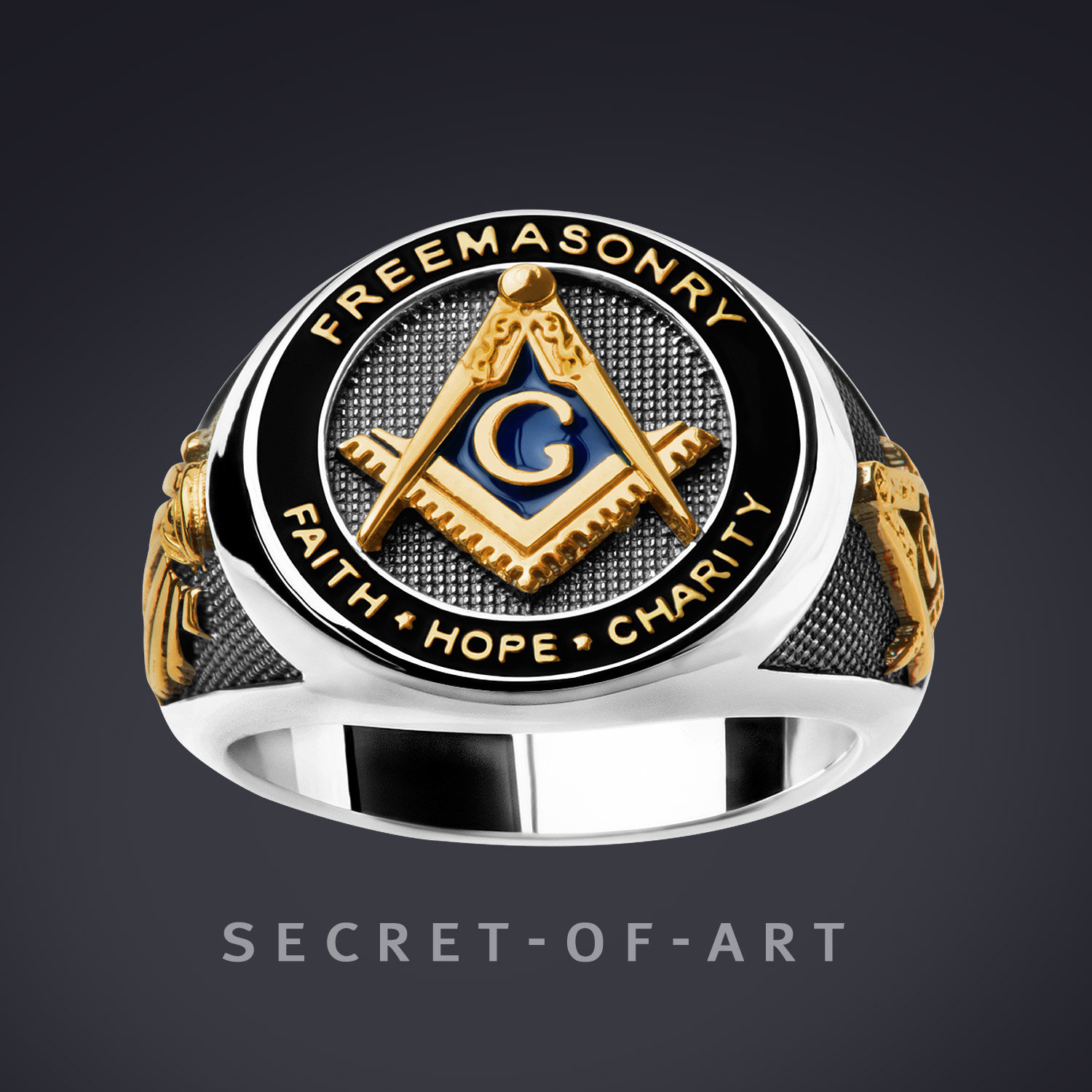 Freimaurer Ring Silber 925 Masonic Siegelring Schmuck Faith Hope Charity Mit Gelbgold-Plattierung, Zirkel, Winkel Alles Sehendes Auge von SecretofArt