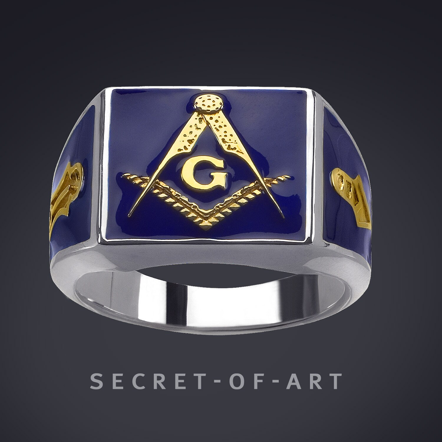 Freimaurer Ring Silber 925 Sterling Blue Lodge Masonic Schmuck Geschenk Master Mason Siegelring Mit Gelbgold-Plattierung, Blau Emailliert von SecretofArt