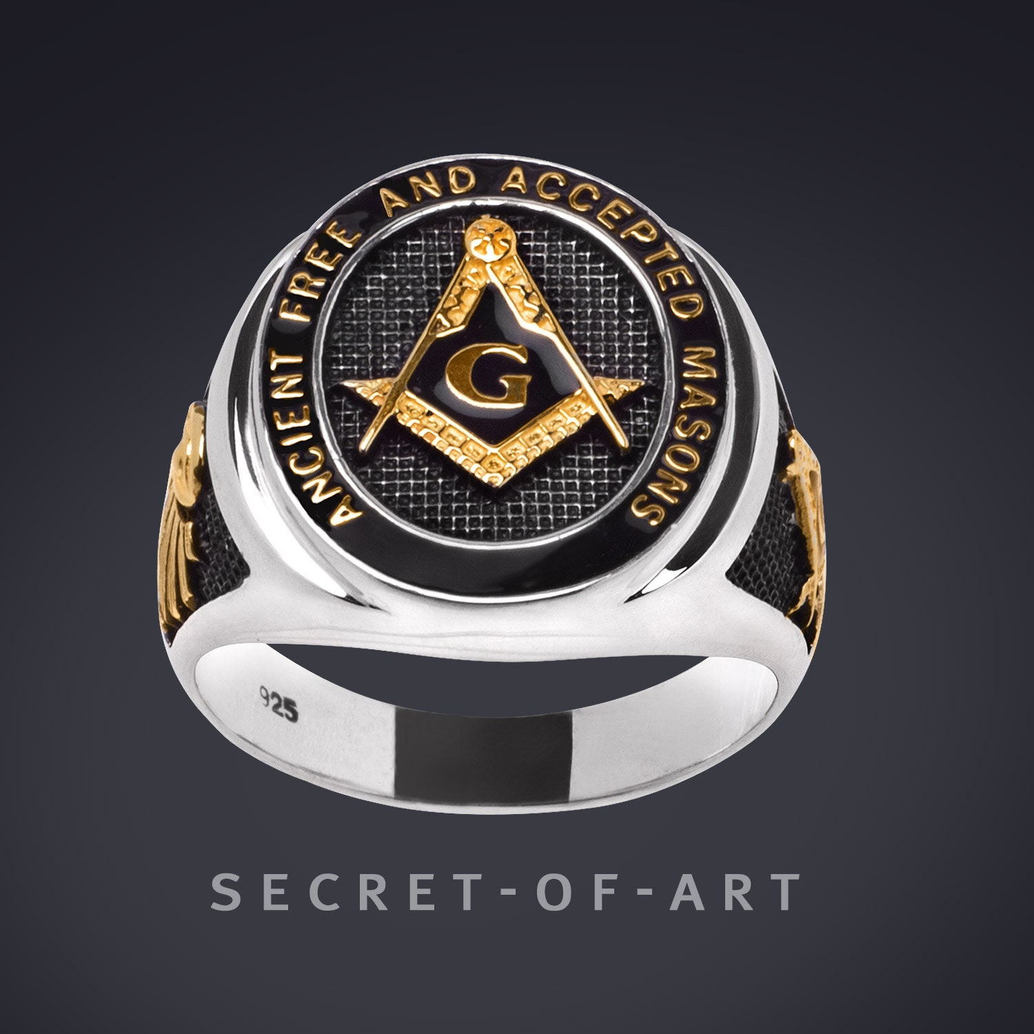 Freimaurer Ring Silber Masonic . Ancient Free & Accepted Masons A.f.a.m 925 Sterling Geldgolb-Plattierung, Schwarz Emailliert von SecretofArt