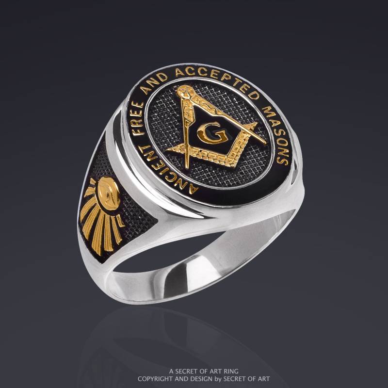 Freimaurer Ring Silber Masonic Ancient Free & Accepted Masons A.f.a.m 925 Mit 750 Gelbgold-Vergoldung, Schwarz Emailliert von SecretofArt