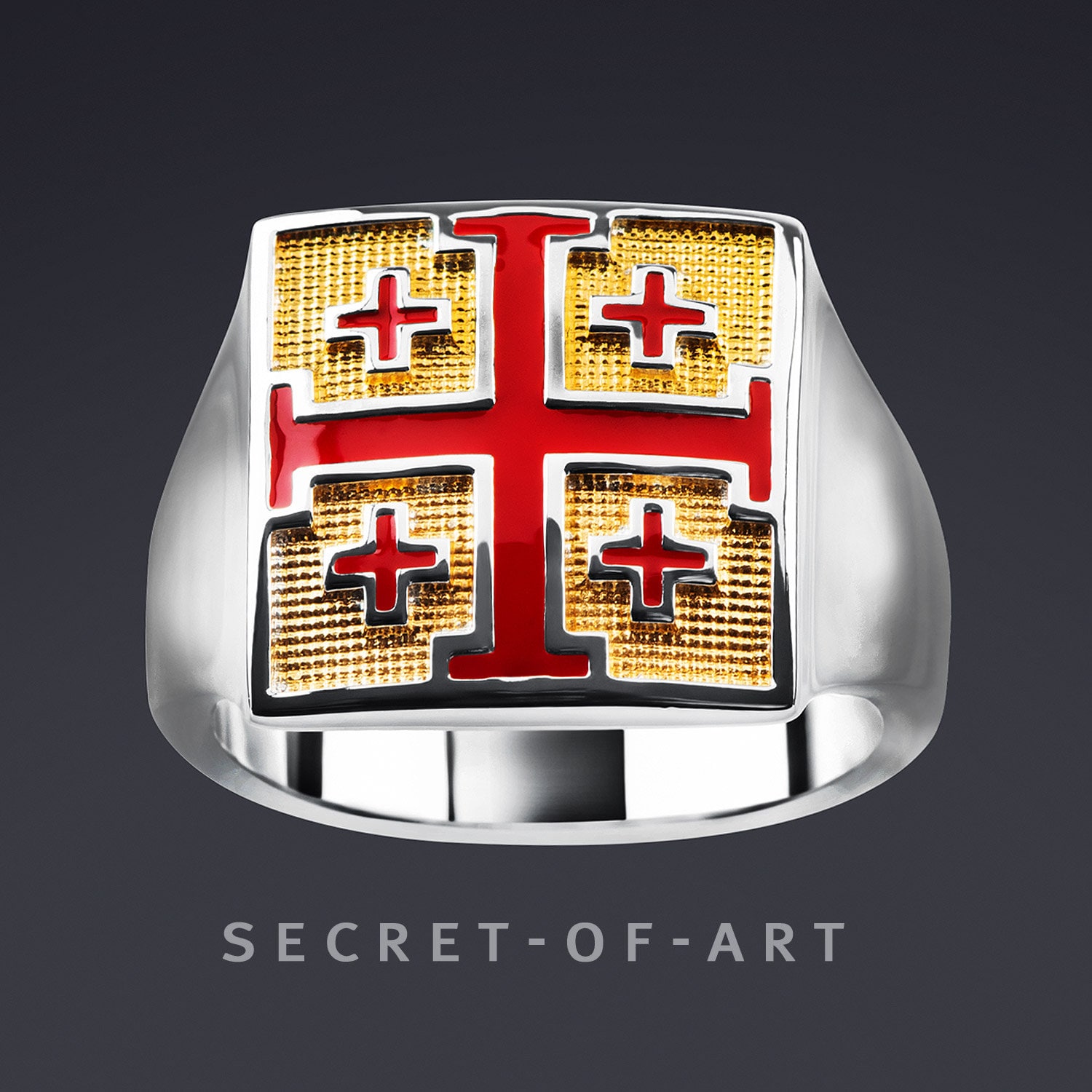 Jerusalem Kreuz Ring Jerusalemkreuz Siegelring Katholisch Evangelisch Religiös Cross Kreuzritter 925 Sterling Silber Gold-Plattierung von SecretofArt