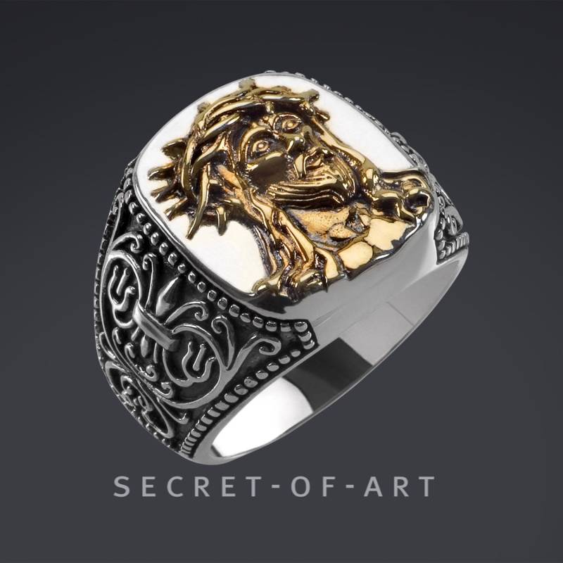 Jesus Ring Christus Ecce Homo Gott Messias Katholisch Religiös Silber 925 Sterling Mit 750 Gelbgold-Vergoldung Bischof Pfarrer Schmuck von SecretofArt