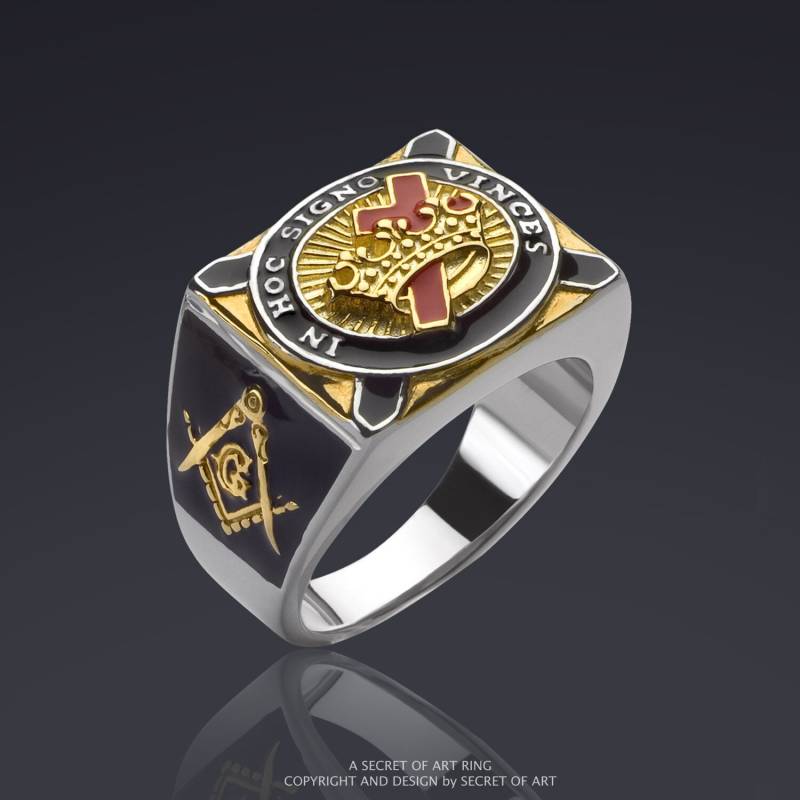 Knights Templar Ring Kreuzritter Crusader Tempelritter in Hoc Signo Vinces Skull Totenkopf Freimaurer Silber 925 Mit 750 Gelbgold-Vergoldung von SecretofArt
