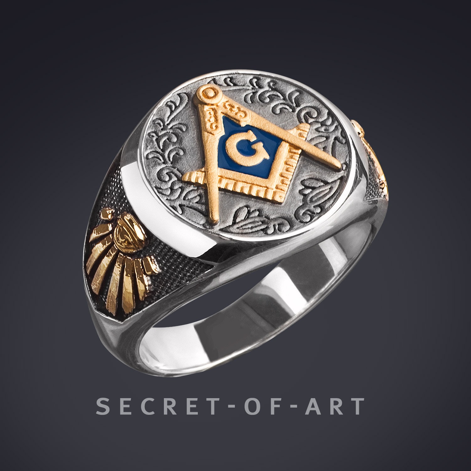 Masonic Freimaurer Ring Schmuck Geschenk Aus Silber 925 Mit 24K-Gold-Plated, Vintage-style, Klassisch, Alles Sehendes Auge, Winkel, Zirkel von SecretofArt