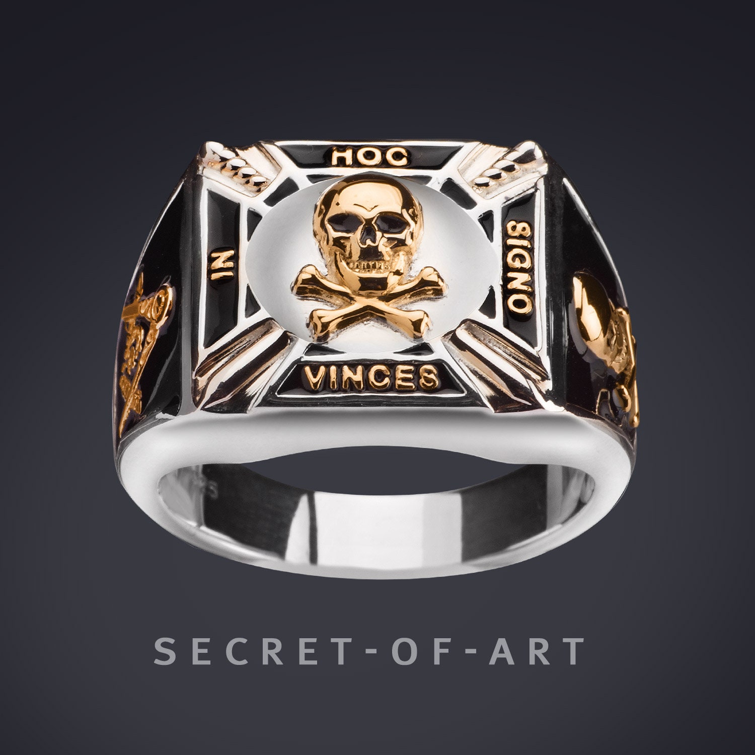 Masonic Ring Knights Templar Siegelring Tempelritter Freimaurer Silber 925 Gold-Plattierung in Hoc Signo Vinces Skull Totenkopf Memento Mori von SecretofArt