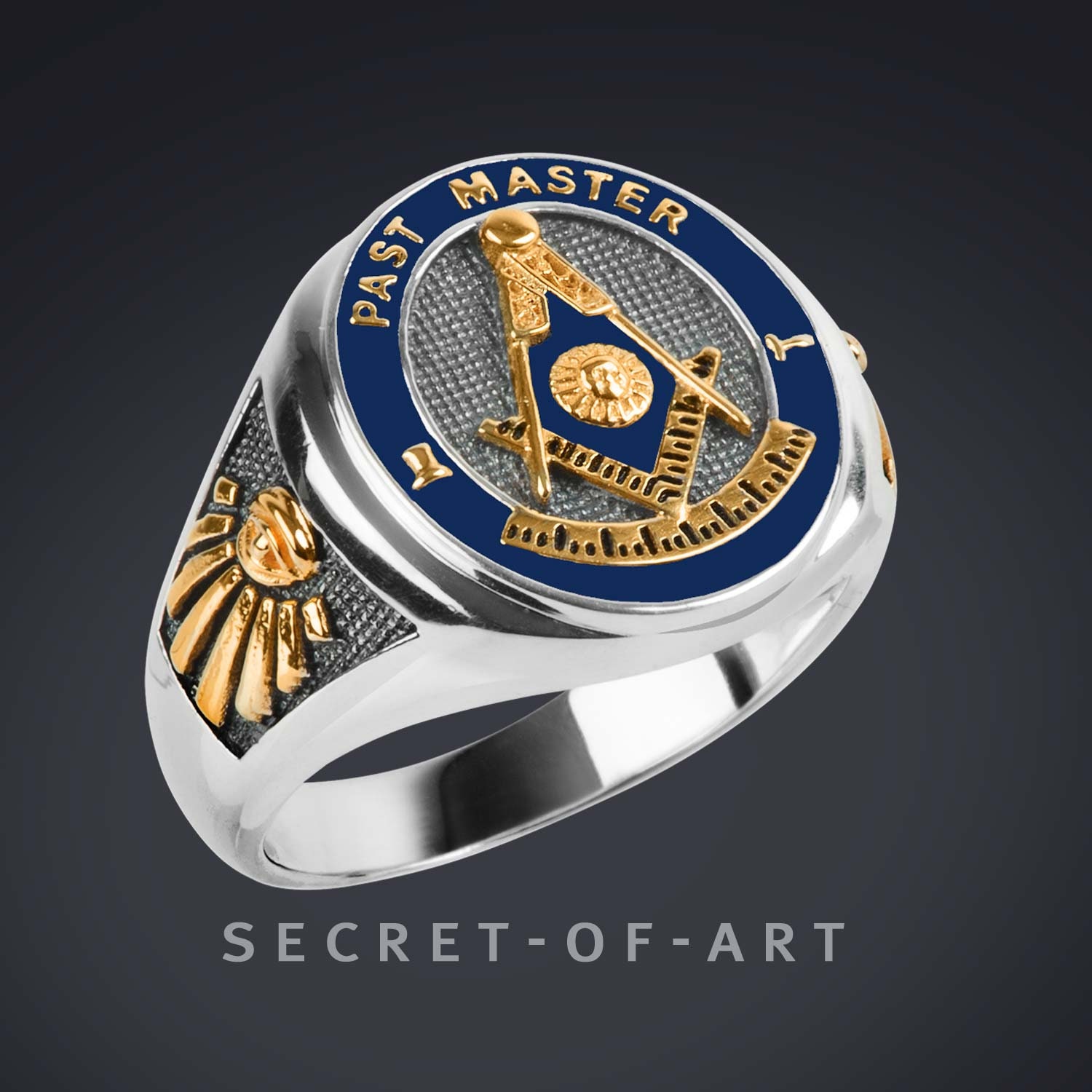 Past Master Ring Siegelring Freimaurer Masonic Mason 925 Silber Mit Gold-Plattierung, Alles Sehendes Auge, Zirkel, Blau Emailliert von SecretofArt