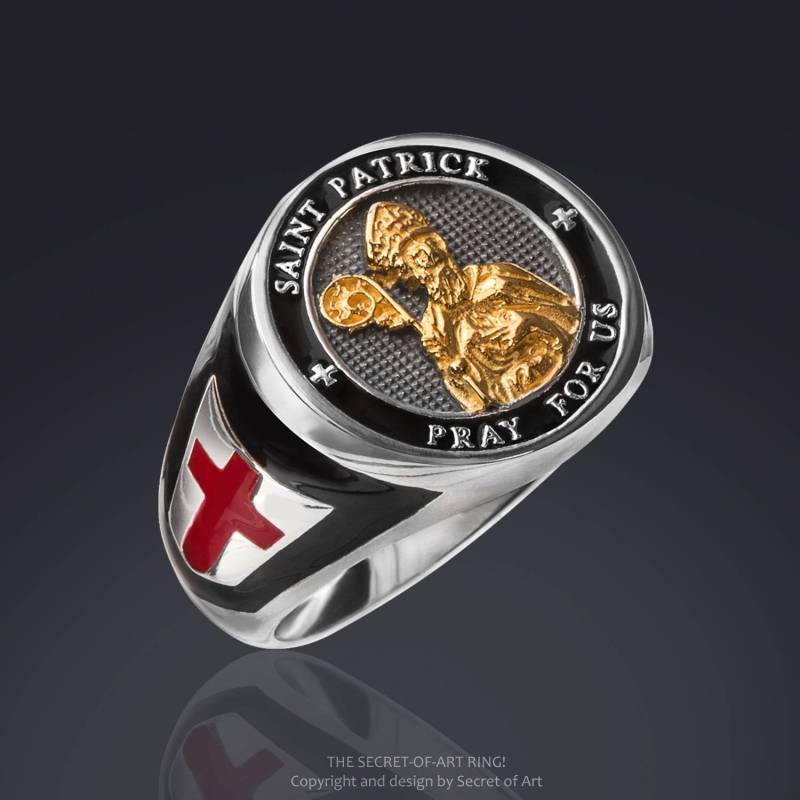 Saint St. Patrick Ring Pray For Us Schutzpatron Von Irland Schmuck Silber 925 Mit 750 Gelbgold-Vergoldung Kirche Bischoff Kleeblatt von SecretofArt