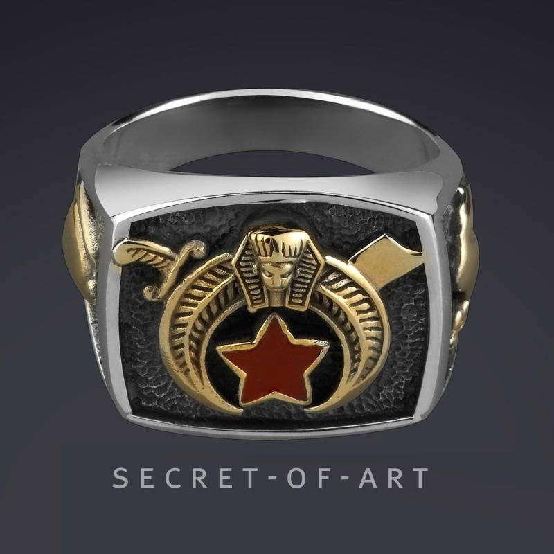 Shriner Ring Freimaurer Geschenk Master Mason Loge Logenring Masonic Silber 925 Sterling Pharao Schmuck Mit 750 Gelbgold Vergoldung von SecretofArt