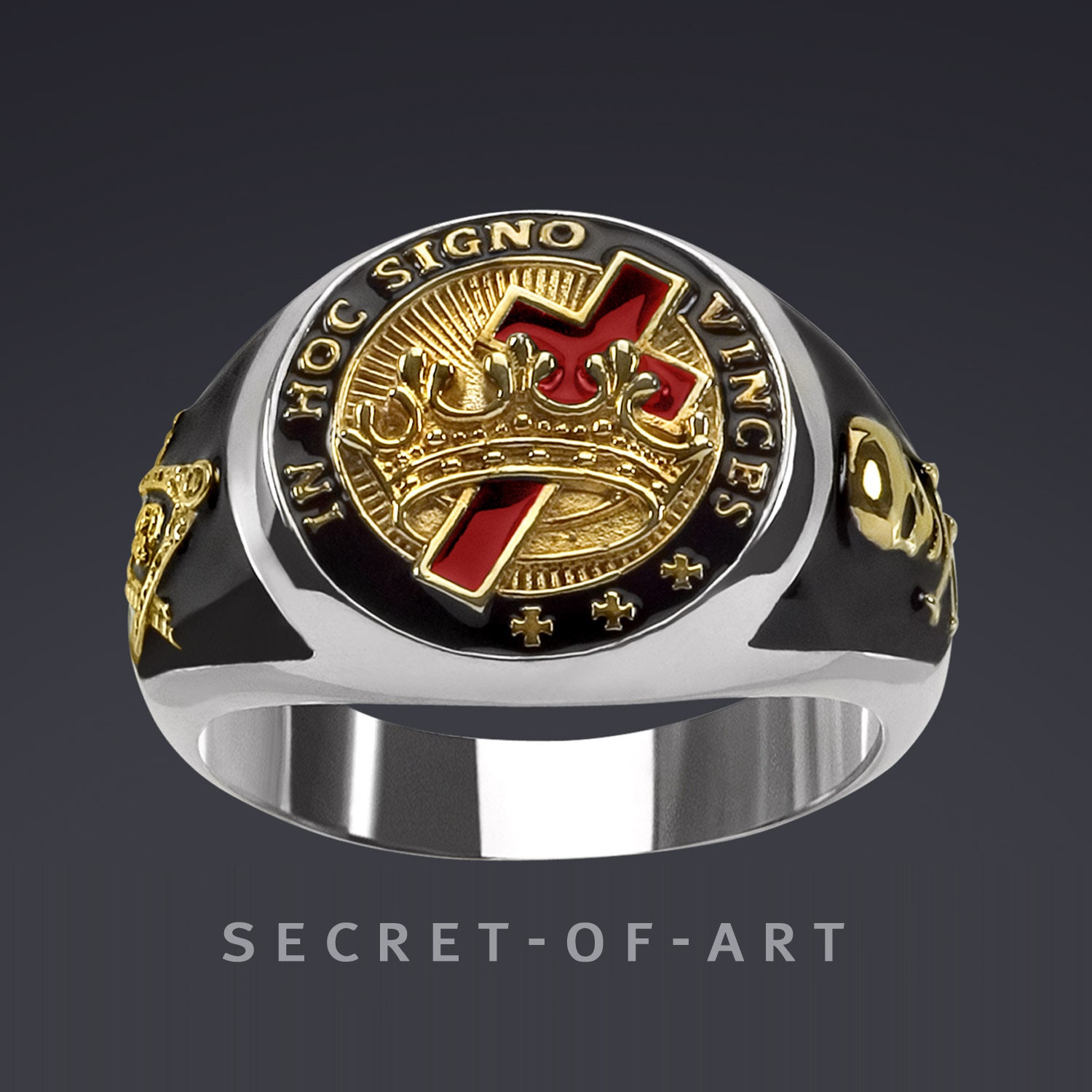 Tempelritter Ring Knights Templar Siegelring Katholisch Kreuzritter Ritter in Hoc Signo Templerkreuz Freimaurer Silber 925 Gold-Plattierung von SecretofArt