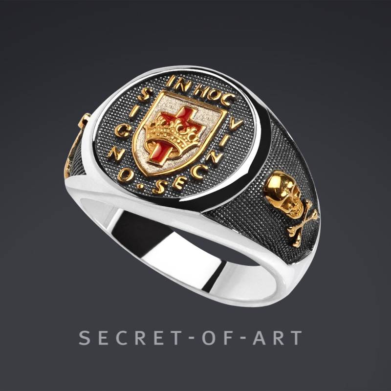 Tempelritter Ring Knights Templar Siegelring Masonic Schmuck Freimaurer 925 Silber Totenkopf in Hoc Signo Vinces 750 Gelbgold-Vergoldung von SecretofArt