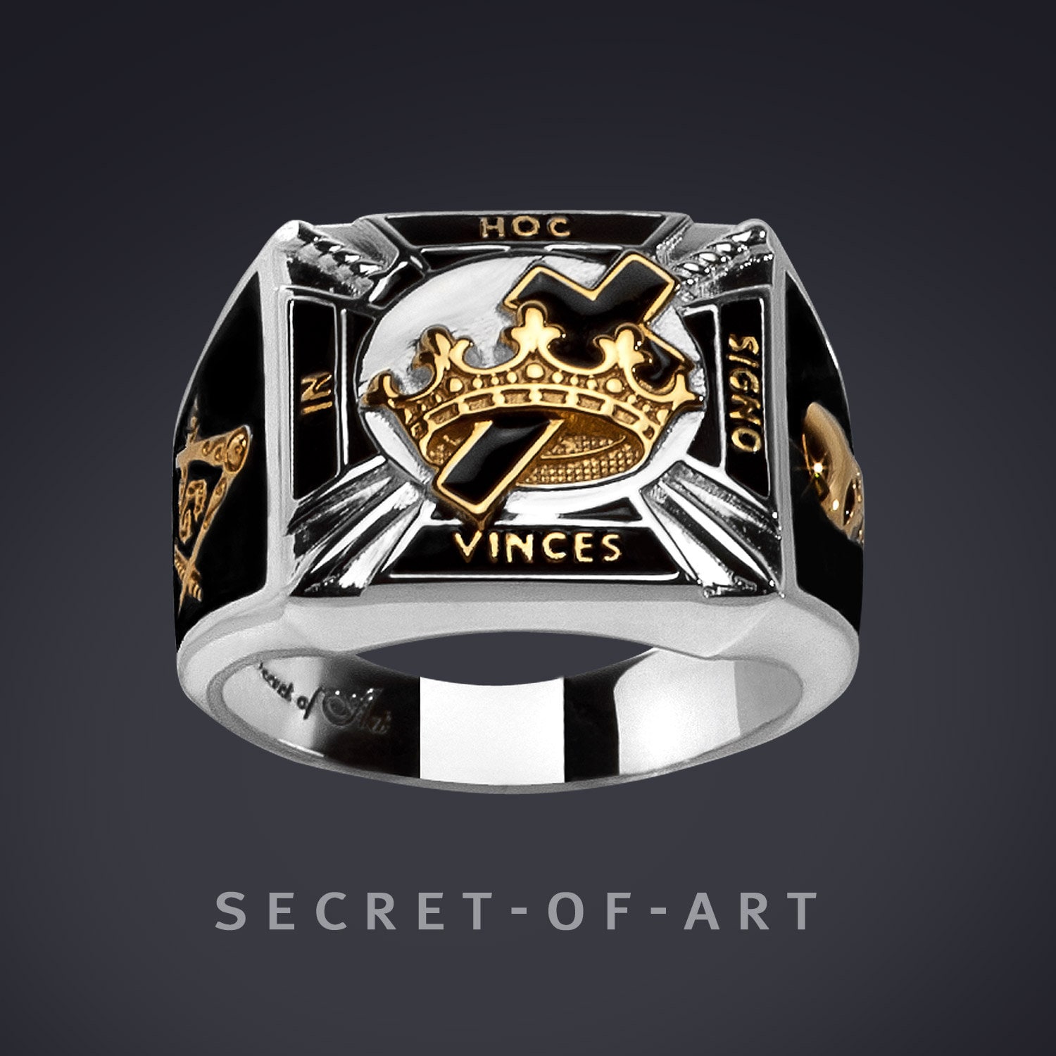 Tempelritter Ring Siegelring Knights Templar Kreuzritter Freimaurer Silber 925 Gelbgoldplattierung in Hoc Signo Vinces Schwarze Emaille von SecretofArt