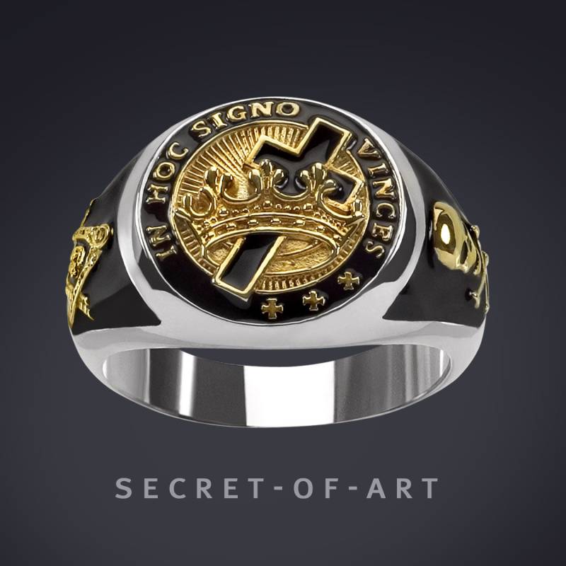 Tempelritter Ring Siegelring Knights Templar Schmuck Kreuzritter in Hoc Signo Totenkopf Freimaurer Silber 925 Mit 750 Gelbgold-Vergoldung von SecretofArt