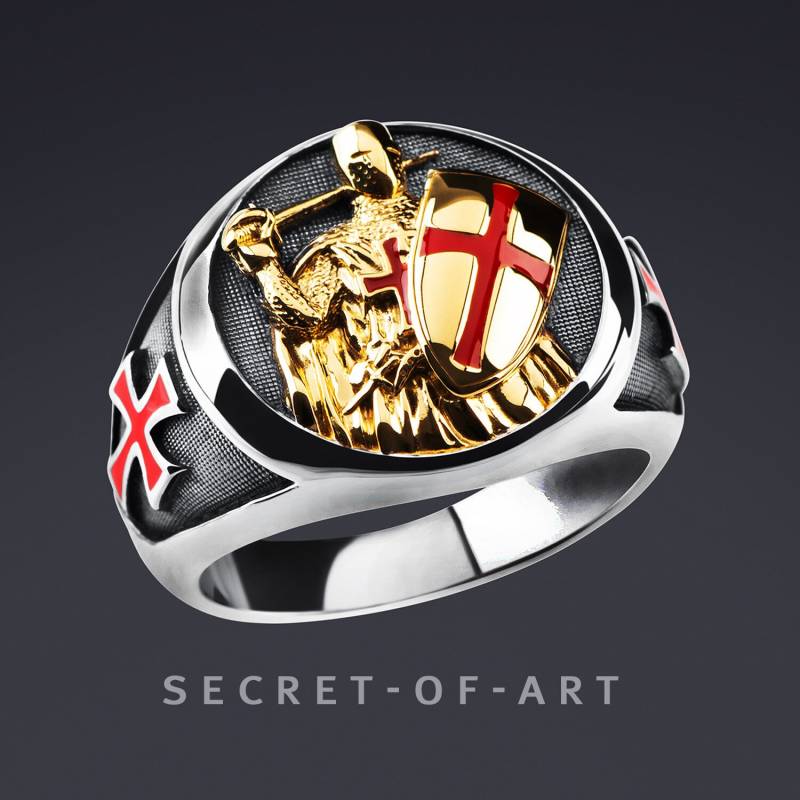 Tempelritter Ring Silber 925 Siegelring Knights Templar Freimaurer Schmuck Geschenk Masonic Crusader Kreuzritter 750 Gelbgold-Vergoldung von SecretofArt