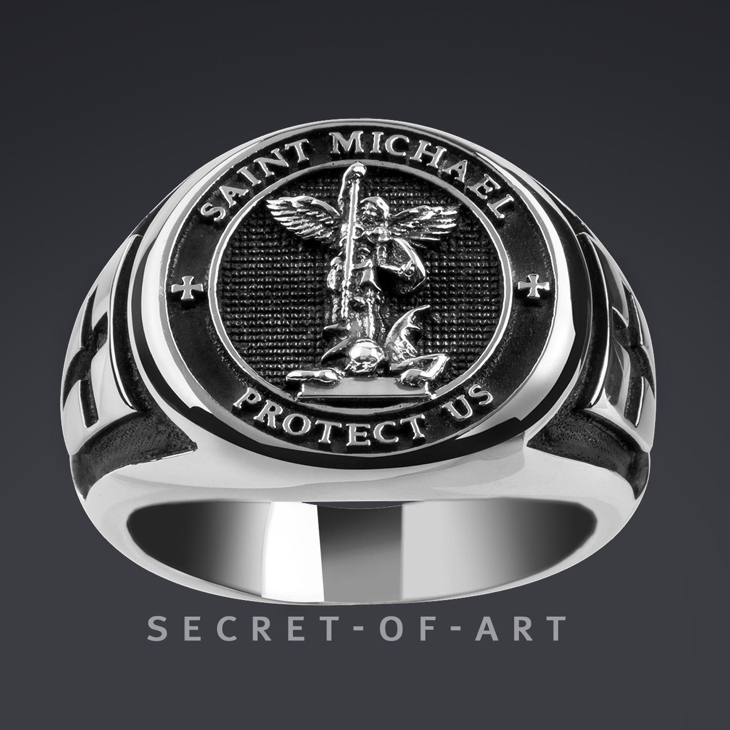 st Michael Ring Saint Erzengel - Protect Us Silber 925, Geschwärzt Katholisch Kirche Schmuck Geschenk Priester Pfarrer Bischof von SecretofArt