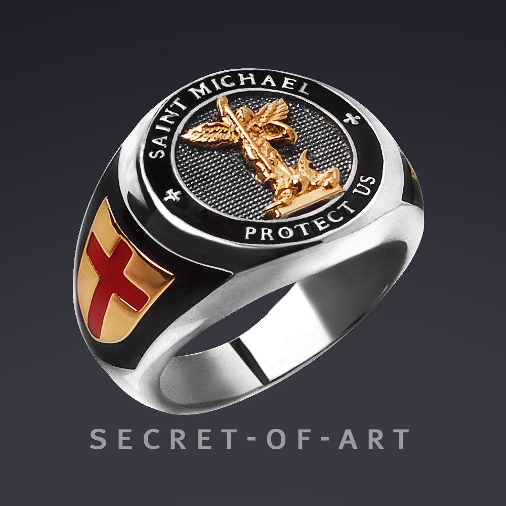 st Michael Ring Saint Erzengel - Protect Us Silber 925, Gold-Plated Katholisch Kirche Schmuck Geschenk Priester Pfarrer Bischof von SecretofArt