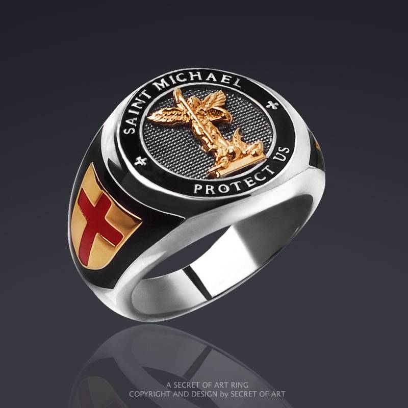 st Michael Ring Saint Erzengel - Protect Us Silber 925, 750 Gelbgold-Vergoldung Katholisch Kirche Schmuck Priester Pfarrer Bischof von SecretofArt