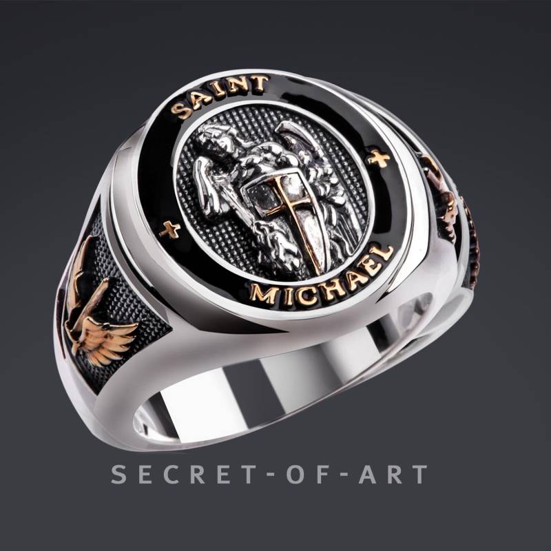 st Michael Ring Sankt Erzengel Drachen Silber 925 Siegelring 750 Gelbgold-Vergoldung Religiös Katholisch Jesus Kirche Schutzpatron von SecretofArt