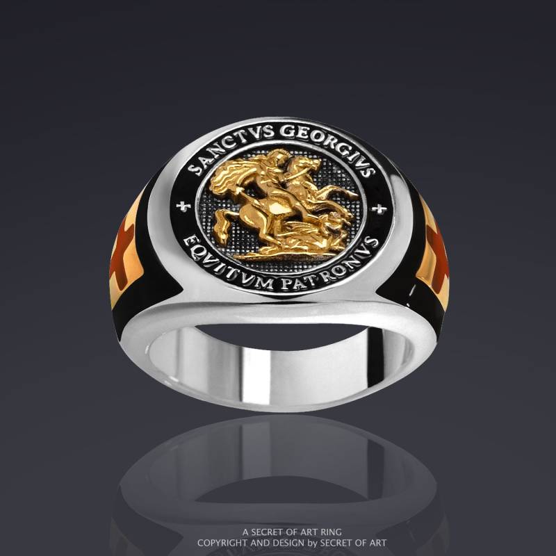st. Georg Ring Siegelring Sankt Templar Drache Silber 925 750 Gelbgold-Vergoldung Bischof Geschenk Katholisch Religiös von SecretofArt