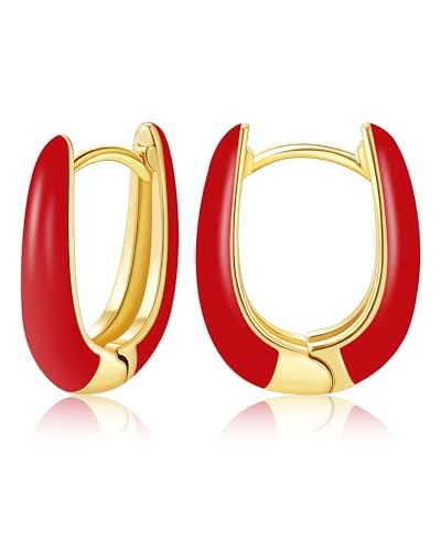 Kleine Emaille Creolen Ohrringe für Frauen, 18 Karat Vergoldete Hypoallergene Süßer Emaille Huggie Ohrring für Frauen Mädchen Schmuckges Chenke (Rot-U-Form) von Secroma