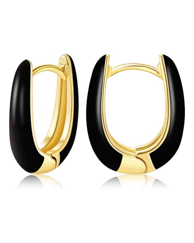 Kleine Emaille Creolen Ohrringe für Frauen, 18 Karat Vergoldete Hypoallergene Süßer Emaille Huggie Ohrring für Frauen Mädchen Schmuckges Chenke (schwarz-U-Form) von Secroma