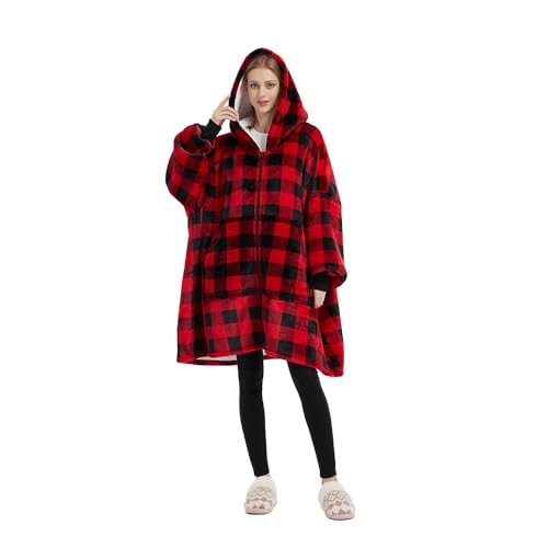 Sedefen Übergroße Hoodie Decke mit Ärmeln,Plüsch Flanell Fleece Oversized Hoodie Sweatshirt,Sherpa Kapuzenpullover mit Reißverschluss,Flauschig Sweatshirt Deck Für Damen Herren,Rot Kariert von Sedefen